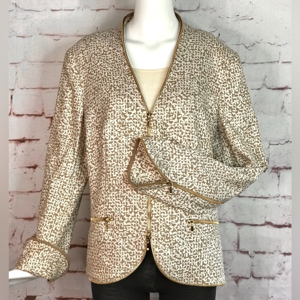 ESCADA M Tan & Cream print Gold Zipper detail Moto vibe Size EU 44 jacket blazer